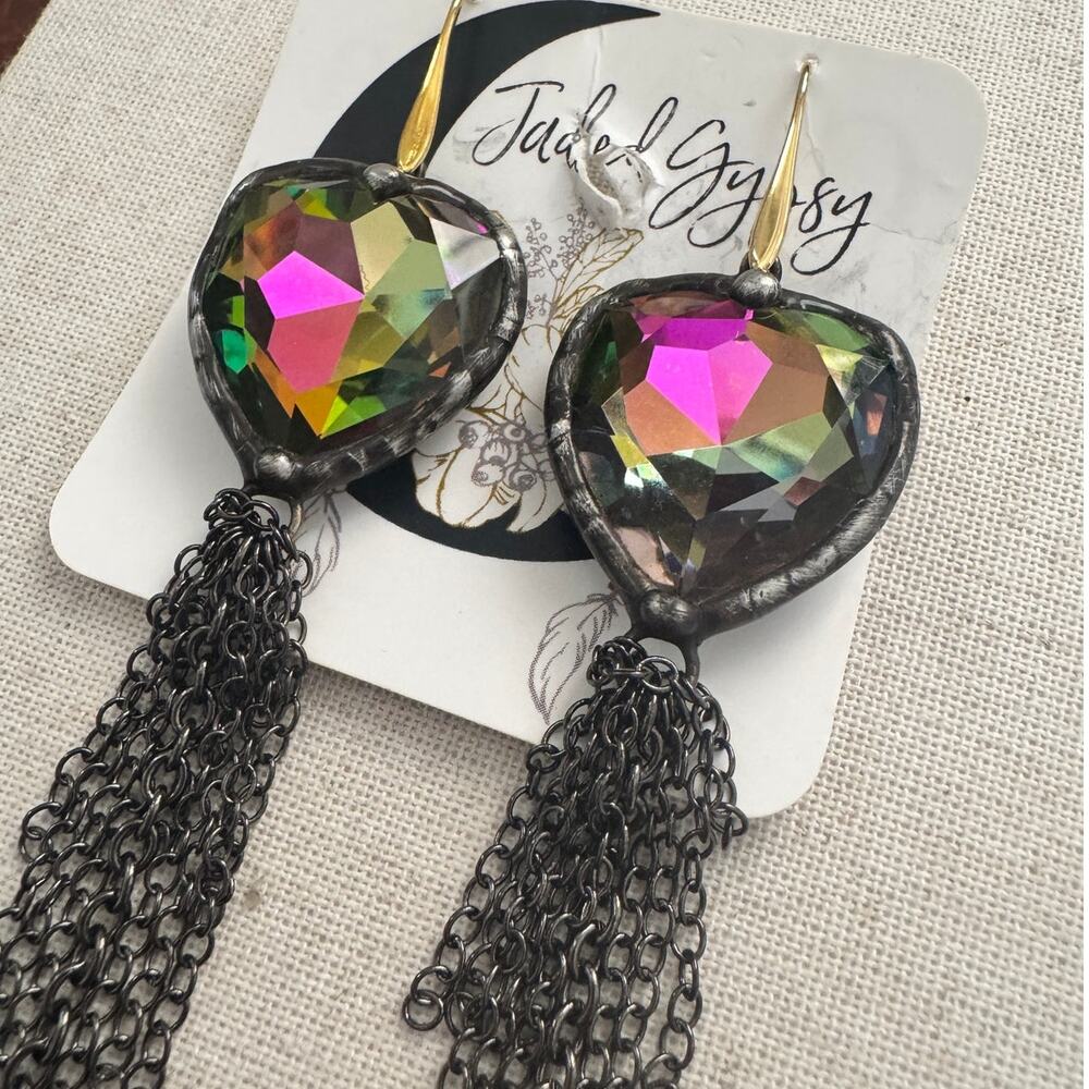 Jaded Gypsy Volcano AB Heart Chain Fringe Earrings NWT